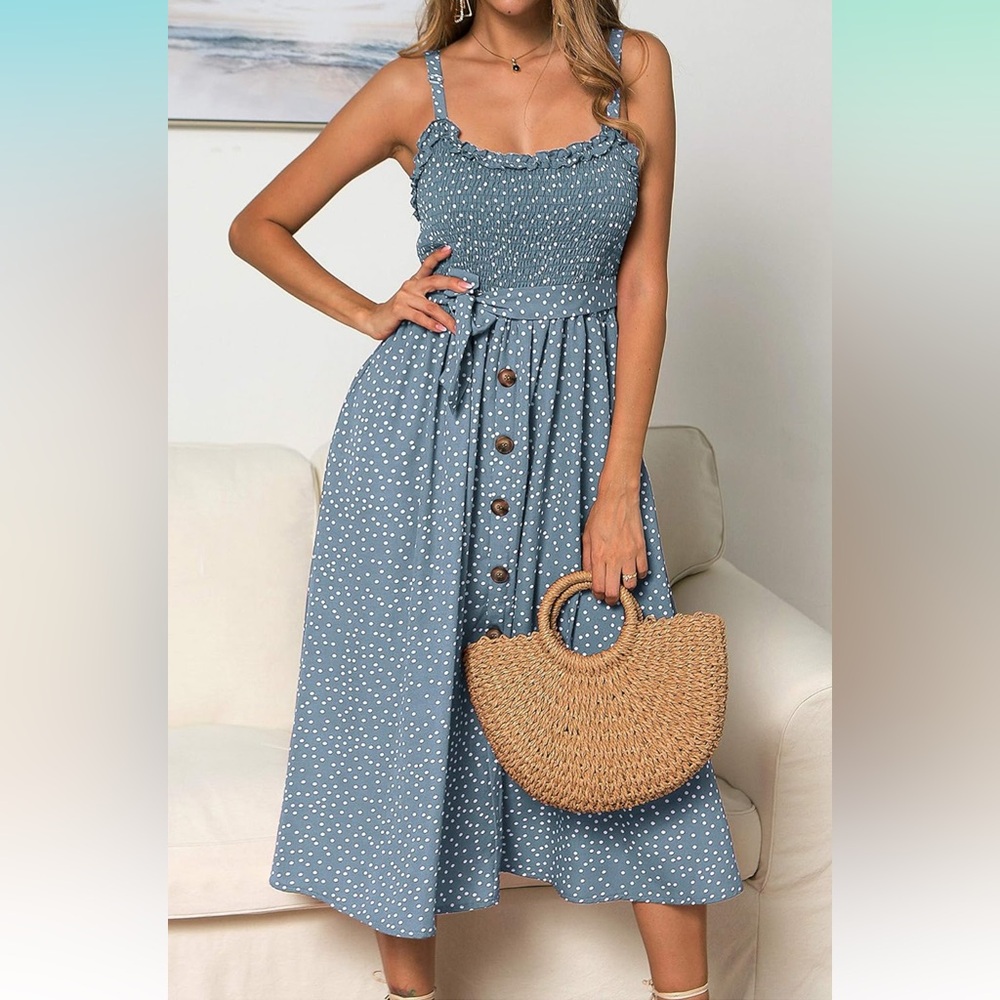 LOMON Boho Ruffle Sleeveless Adjustable Straps Swing Midi Sundress - Picture 5 of 12